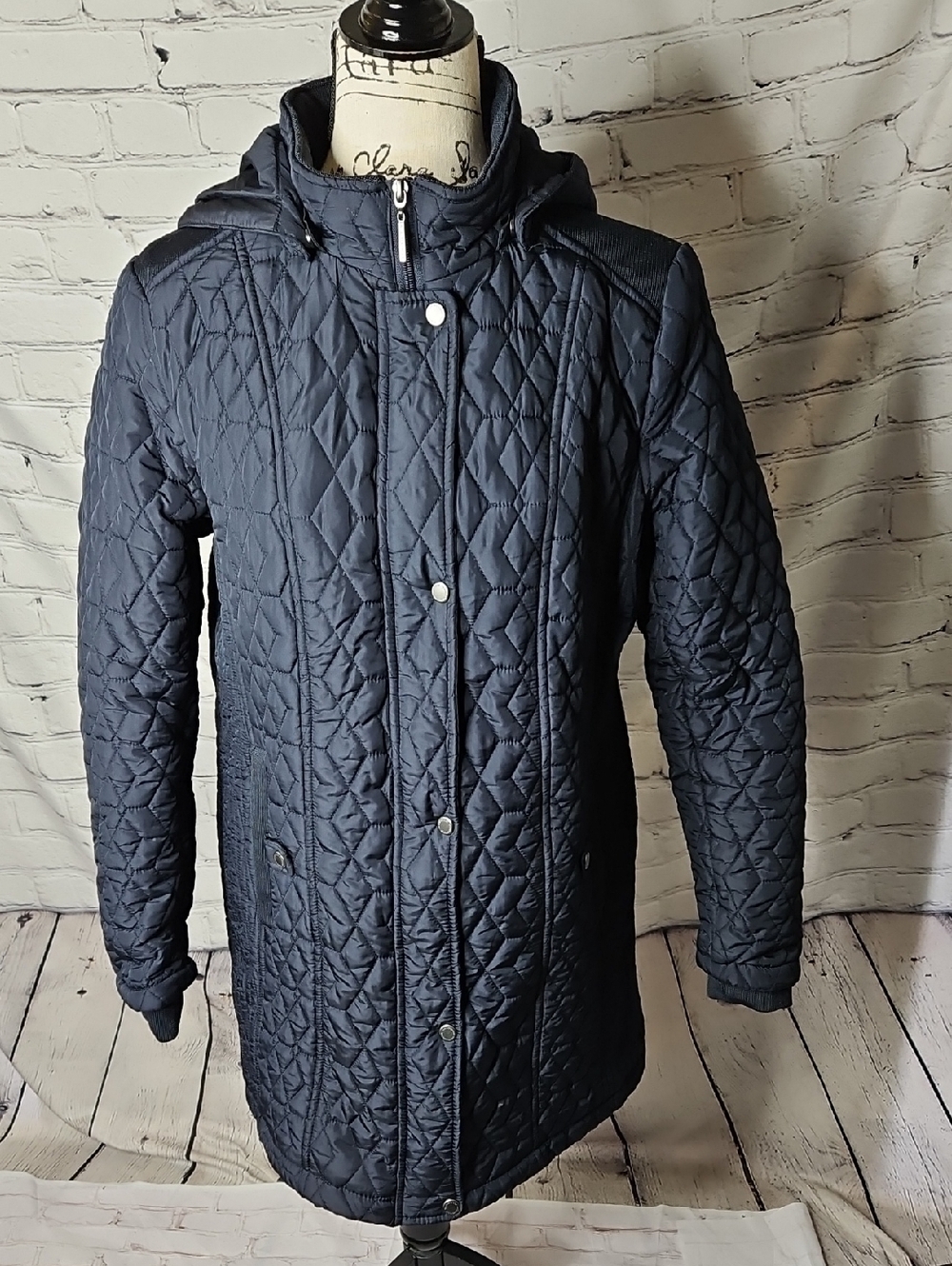 Weatherproof Women's Navy Quilted Removable Hood Mid-Length Coat Size Large